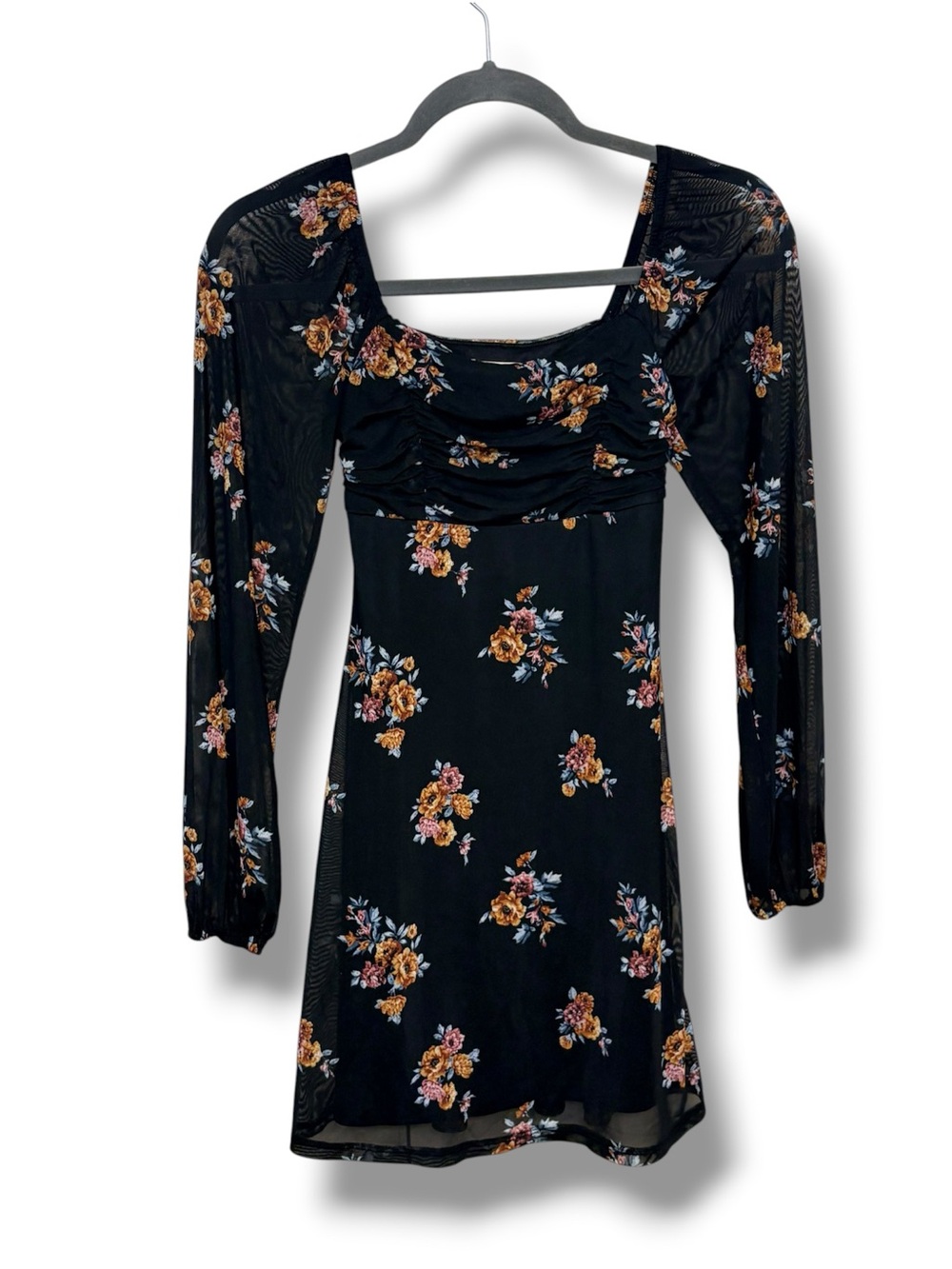 Grunge Live to Be Spoiled Floral Mesh Mini Dress XS Black Fall Long Sleeve LBD